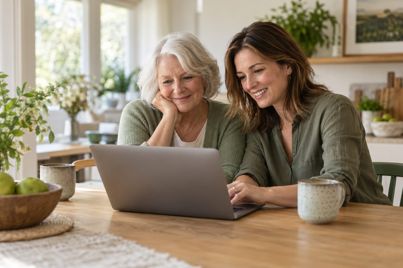An older woman and her adult daughter enjoying time together at a laptop
